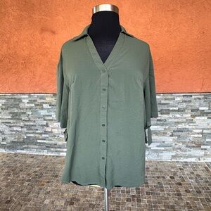 Olive Green Button-Up Shirt with slits on the side
